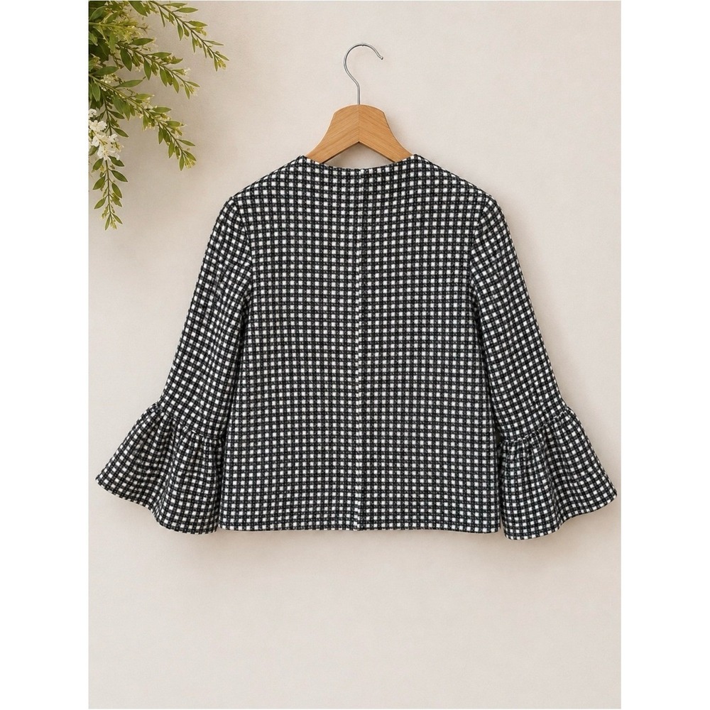 Zara Textured Tweed Jacket Bell Sleeve Black White Size XS Chic Blazer - Picture 2 of 2